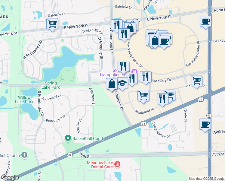 map of restaurants, bars, coffee shops, grocery stores, and more near 1 South Commons Drive in Aurora