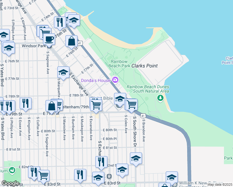 map of restaurants, bars, coffee shops, grocery stores, and more near 7826 South South Shore Drive in Chicago