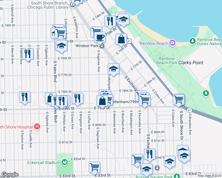 map of restaurants, bars, coffee shops, grocery stores, and more near 2700 East 78th Street in Chicago