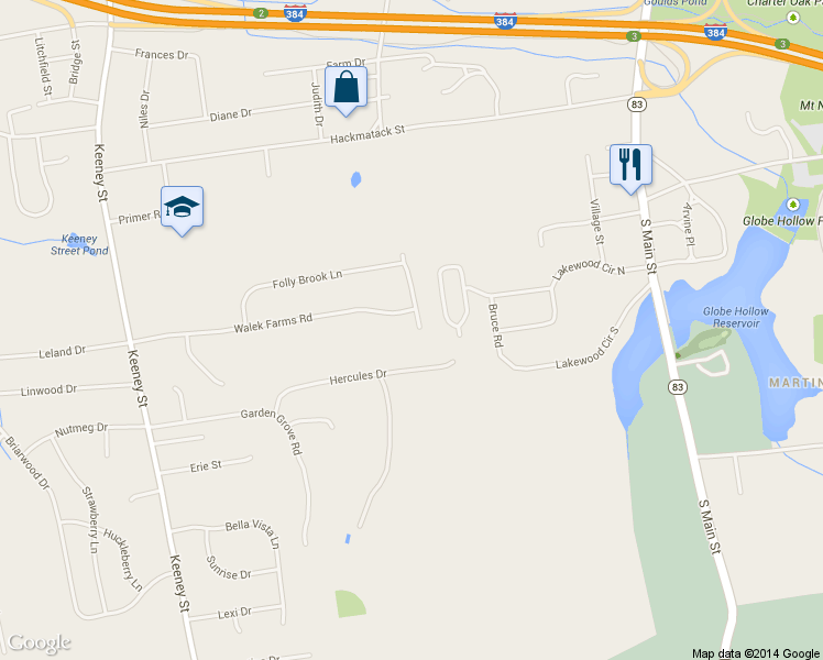 map of restaurants, bars, coffee shops, grocery stores, and more near 34 Northview Dr in Manchester