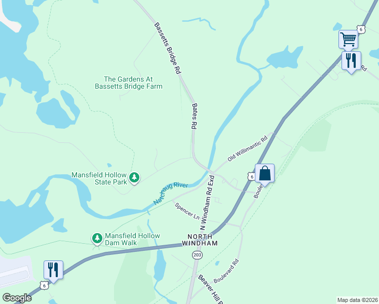 map of restaurants, bars, coffee shops, grocery stores, and more near 7 Bates Road in Chaplin