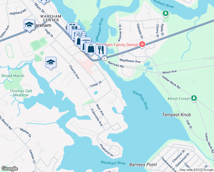 map of restaurants, bars, coffee shops, grocery stores, and more near 38 Main Street in Wareham
