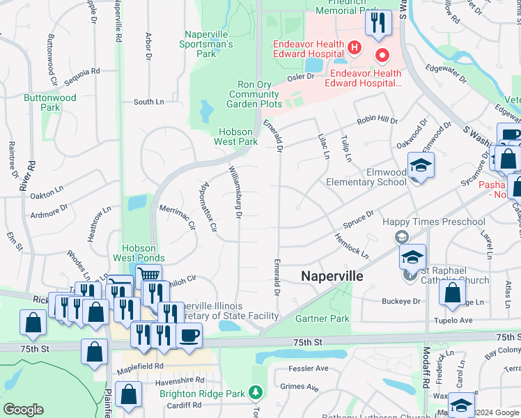 map of restaurants, bars, coffee shops, grocery stores, and more near 615 Bull Run Court in Naperville