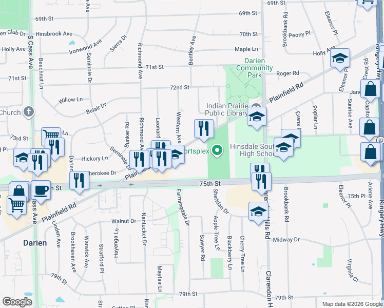 map of restaurants, bars, coffee shops, grocery stores, and more near 7410 Brookdale Drive in Darien