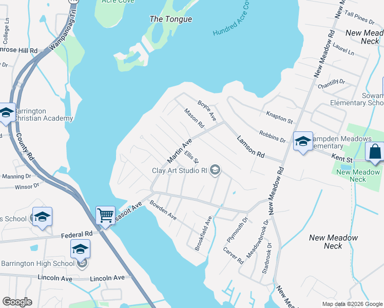 map of restaurants, bars, coffee shops, grocery stores, and more near 4 Ellis Street in Barrington