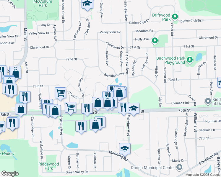map of restaurants, bars, coffee shops, grocery stores, and more near 7363 Grand Avenue in Downers Grove