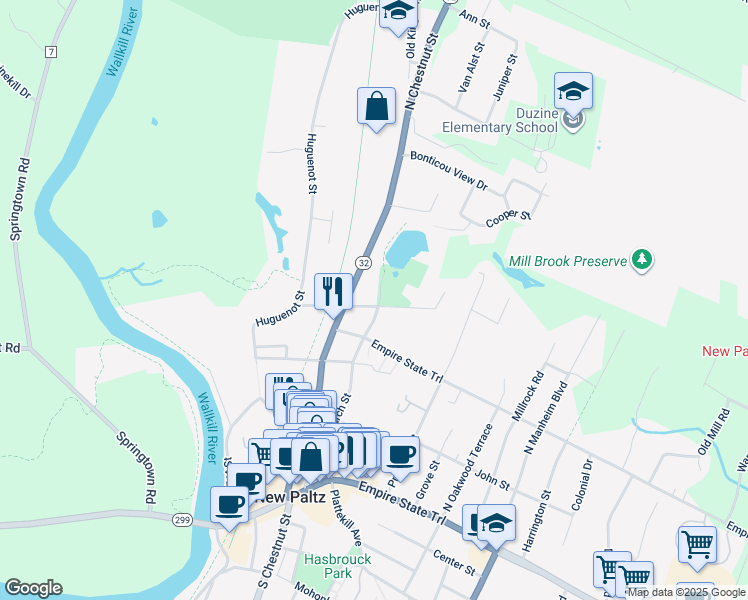 map of restaurants, bars, coffee shops, grocery stores, and more near 18 Mulberry Street in New Paltz