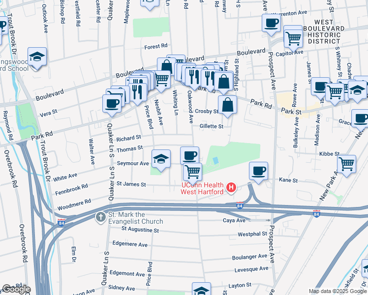map of restaurants, bars, coffee shops, grocery stores, and more near 17 Thomas Street in West Hartford