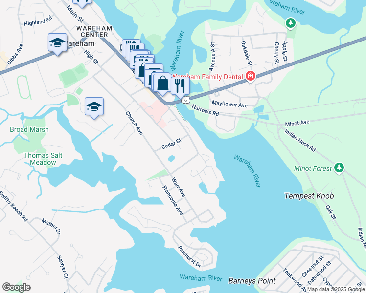 map of restaurants, bars, coffee shops, grocery stores, and more near 38 Main Street in Wareham