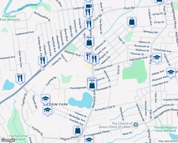 map of restaurants, bars, coffee shops, grocery stores, and more near 799 Warwick Avenue in Warwick