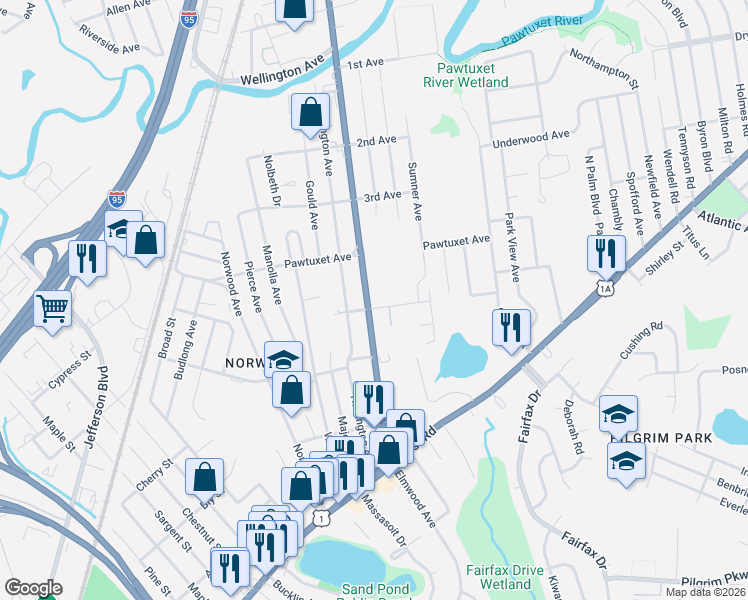 map of restaurants, bars, coffee shops, grocery stores, and more near 1967 Elmwood Avenue in Warwick