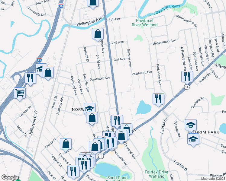 map of restaurants, bars, coffee shops, grocery stores, and more near 1967 Elmwood Avenue in Warwick