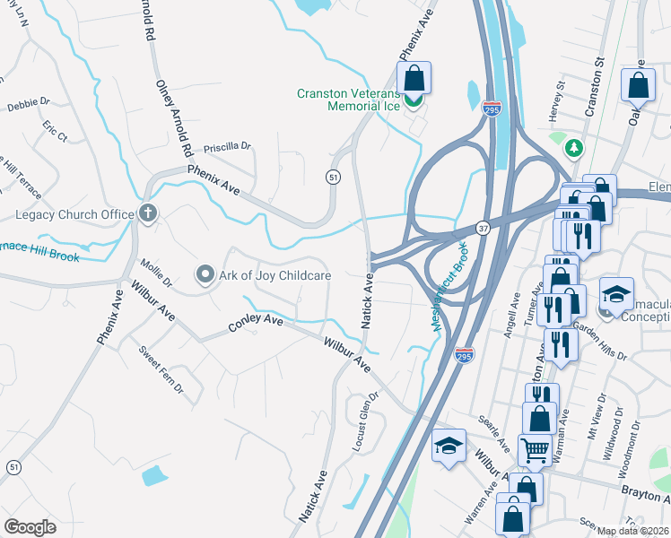 map of restaurants, bars, coffee shops, grocery stores, and more near 67 Hines Farm Road in Cranston