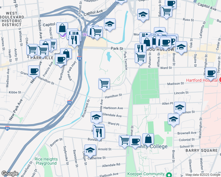 map of restaurants, bars, coffee shops, grocery stores, and more near 312 Park Terrace in Hartford