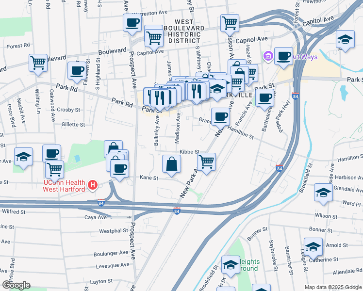 map of restaurants, bars, coffee shops, grocery stores, and more near 80 Madison Avenue in Hartford