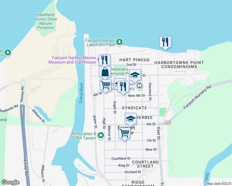 map of restaurants, bars, coffee shops, grocery stores, and more near 221 4th Street in Fairport Harbor