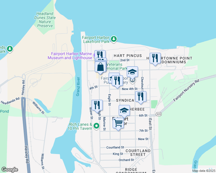 map of restaurants, bars, coffee shops, grocery stores, and more near 221 4th Street in Fairport Harbor