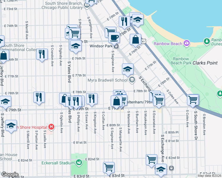 map of restaurants, bars, coffee shops, grocery stores, and more near 2606 East 78th Street in Chicago