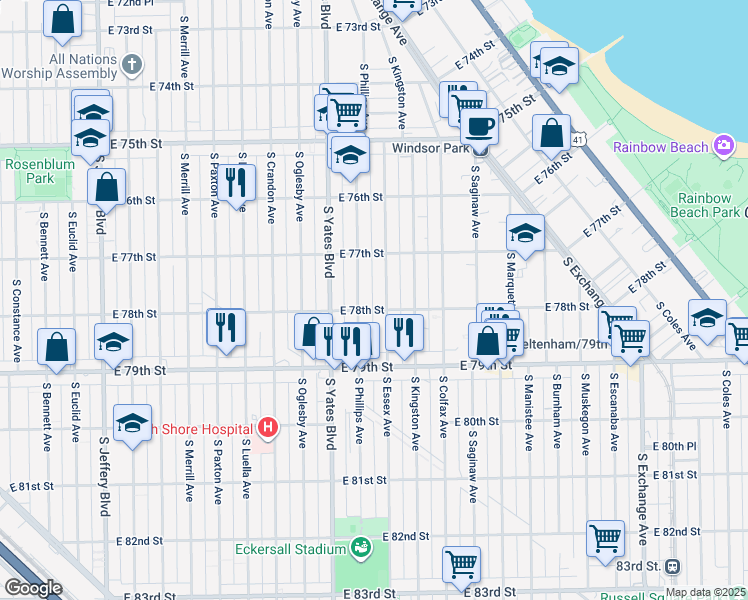map of restaurants, bars, coffee shops, grocery stores, and more near 7748 South Essex Avenue in Chicago