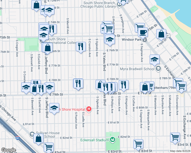 map of restaurants, bars, coffee shops, grocery stores, and more near 7745 South Crandon Avenue in Chicago