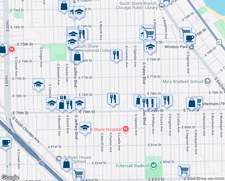 map of restaurants, bars, coffee shops, grocery stores, and more near 7744 South Paxton Avenue in Chicago