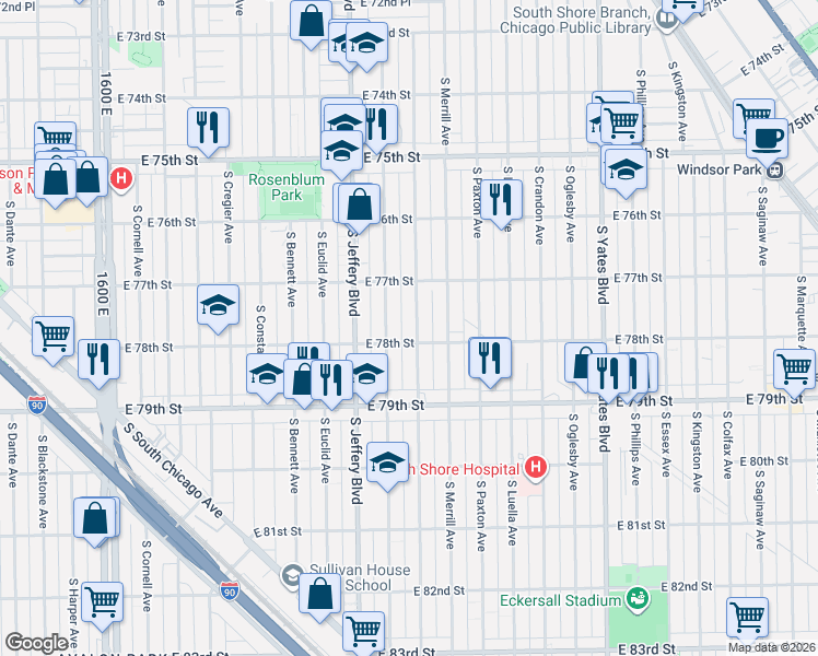 map of restaurants, bars, coffee shops, grocery stores, and more near 7741 South Chappel Avenue in Chicago