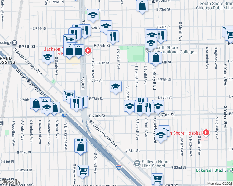 map of restaurants, bars, coffee shops, grocery stores, and more near 7741 South Ridgeland Avenue in Chicago