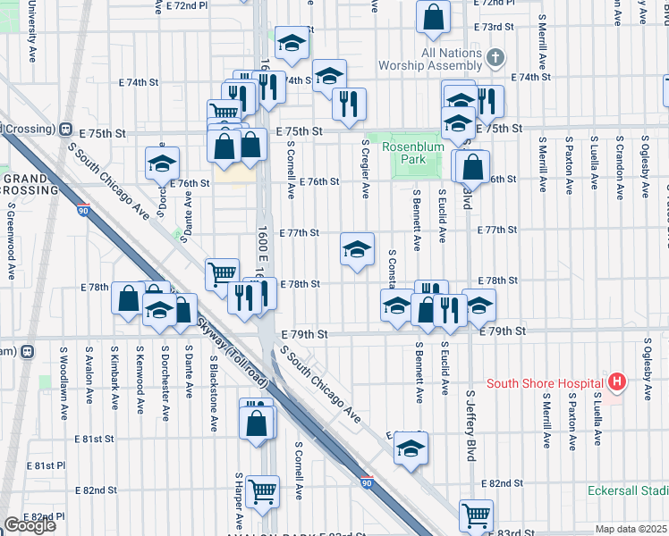 map of restaurants, bars, coffee shops, grocery stores, and more near 7741 South Ridgeland Avenue in Chicago