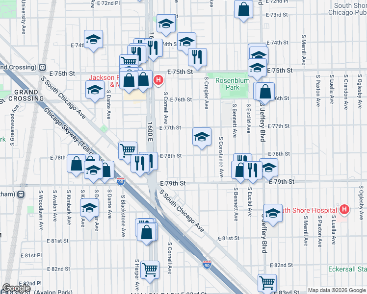 map of restaurants, bars, coffee shops, grocery stores, and more near 7738 South East End Avenue in Chicago