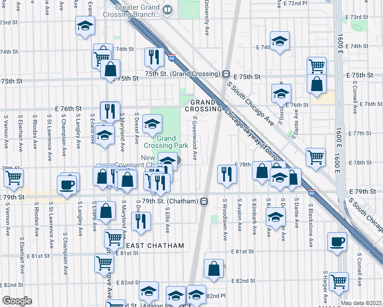 map of restaurants, bars, coffee shops, grocery stores, and more near 7728 South Greenwood Avenue in Chicago