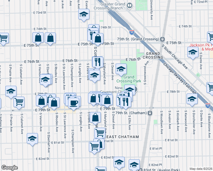 map of restaurants, bars, coffee shops, grocery stores, and more near 7730 South Maryland Avenue in Chicago