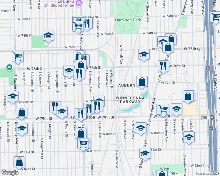 map of restaurants, bars, coffee shops, grocery stores, and more near 7706 South Lowe Avenue in Chicago