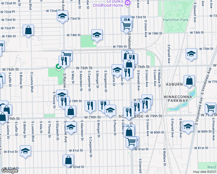 map of restaurants, bars, coffee shops, grocery stores, and more near 7704 South Sangamon Street in Chicago