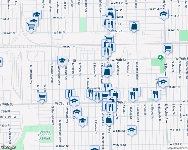 map of restaurants, bars, coffee shops, grocery stores, and more near 1704 West 77th Street in Chicago