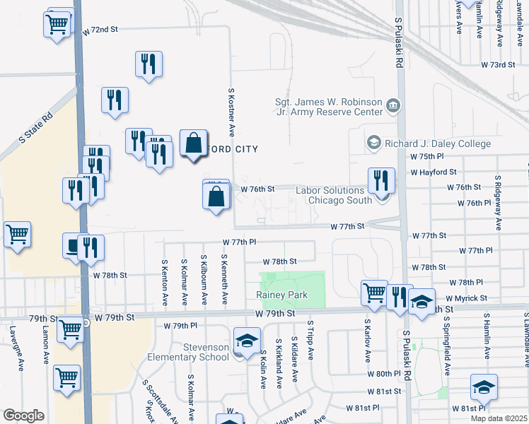 map of restaurants, bars, coffee shops, grocery stores, and more near 4315 West 76th Street in Chicago