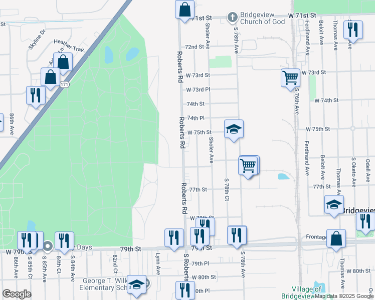 map of restaurants, bars, coffee shops, grocery stores, and more near 7539 Roberts Road in Bridgeview