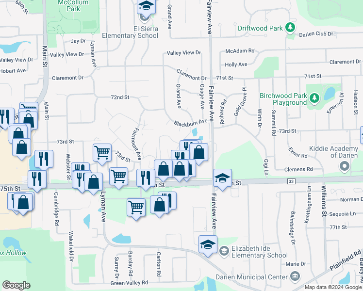 map of restaurants, bars, coffee shops, grocery stores, and more near 7363 73rd Street in Downers Grove