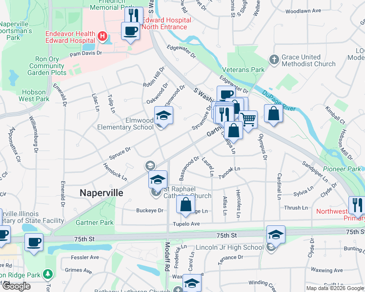 map of restaurants, bars, coffee shops, grocery stores, and more near 309 West Gartner Road in Naperville