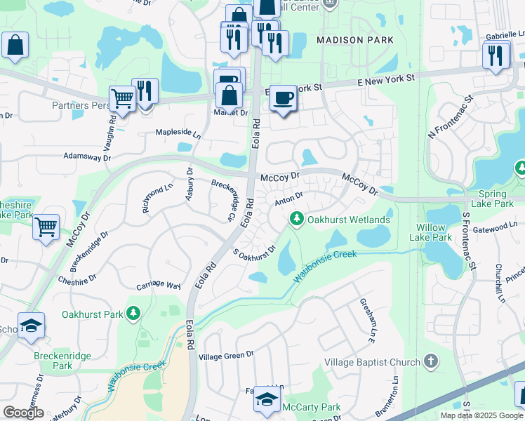 map of restaurants, bars, coffee shops, grocery stores, and more near 3041 Anton Drive in Aurora
