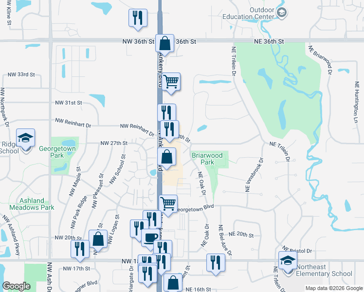 map of restaurants, bars, coffee shops, grocery stores, and more near 2702 Northeast Oak Drive in Ankeny