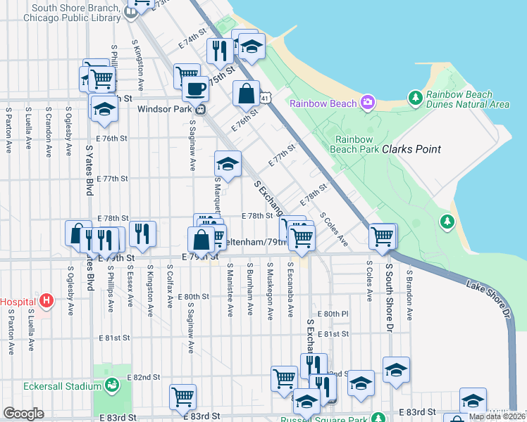 map of restaurants, bars, coffee shops, grocery stores, and more near 7750 South Muskegon Avenue in Chicago