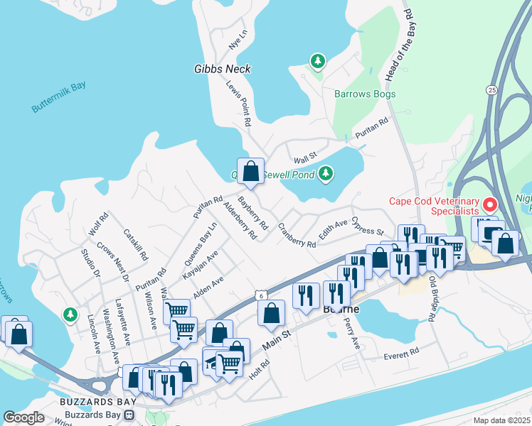 map of restaurants, bars, coffee shops, grocery stores, and more near 13 Cranberry Road in Bourne