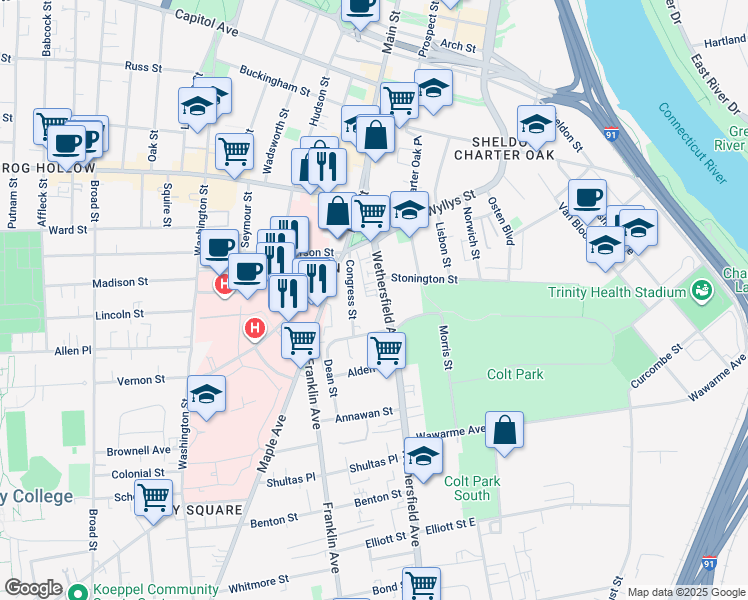 map of restaurants, bars, coffee shops, grocery stores, and more near 65 Wethersfield Avenue in Hartford