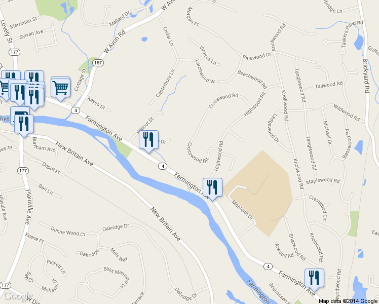 map of restaurants, bars, coffee shops, grocery stores, and more near 36 Crosswood Road in Farmington