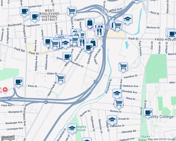 map of restaurants, bars, coffee shops, grocery stores, and more near 124 Bartholomew Avenue in Hartford