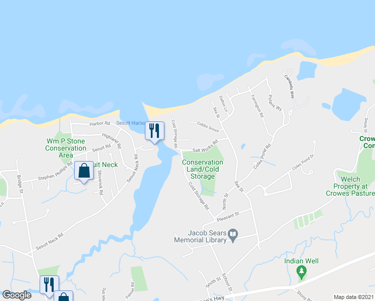 map of restaurants, bars, coffee shops, grocery stores, and more near 54 Salt Works Road in Dennis