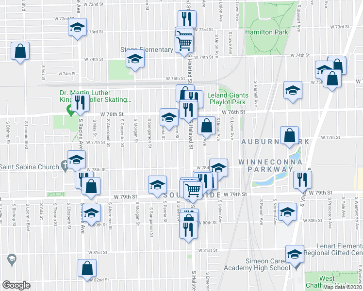 map of restaurants, bars, coffee shops, grocery stores, and more near 7709 South Green Street in Chicago