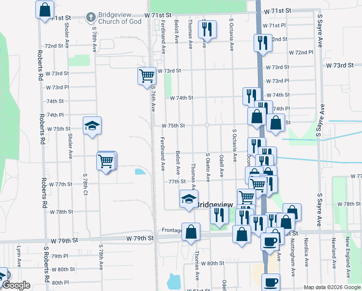 map of restaurants, bars, coffee shops, grocery stores, and more near 7541 Beloit Avenue in Bridgeview