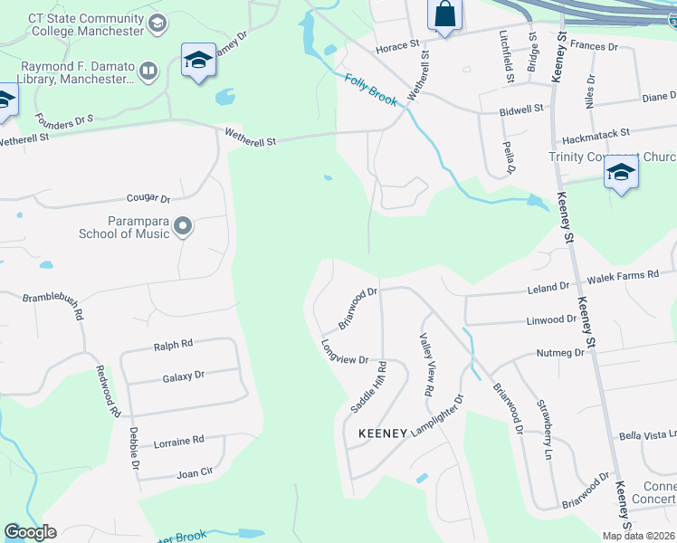 map of restaurants, bars, coffee shops, grocery stores, and more near 151 Longview Drive in Manchester