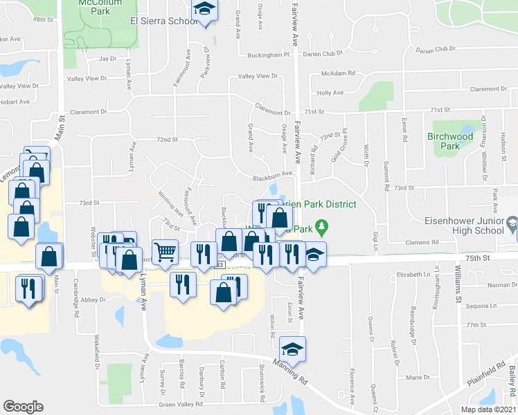map of restaurants, bars, coffee shops, grocery stores, and more near 7363 73rd Street in Downers Grove